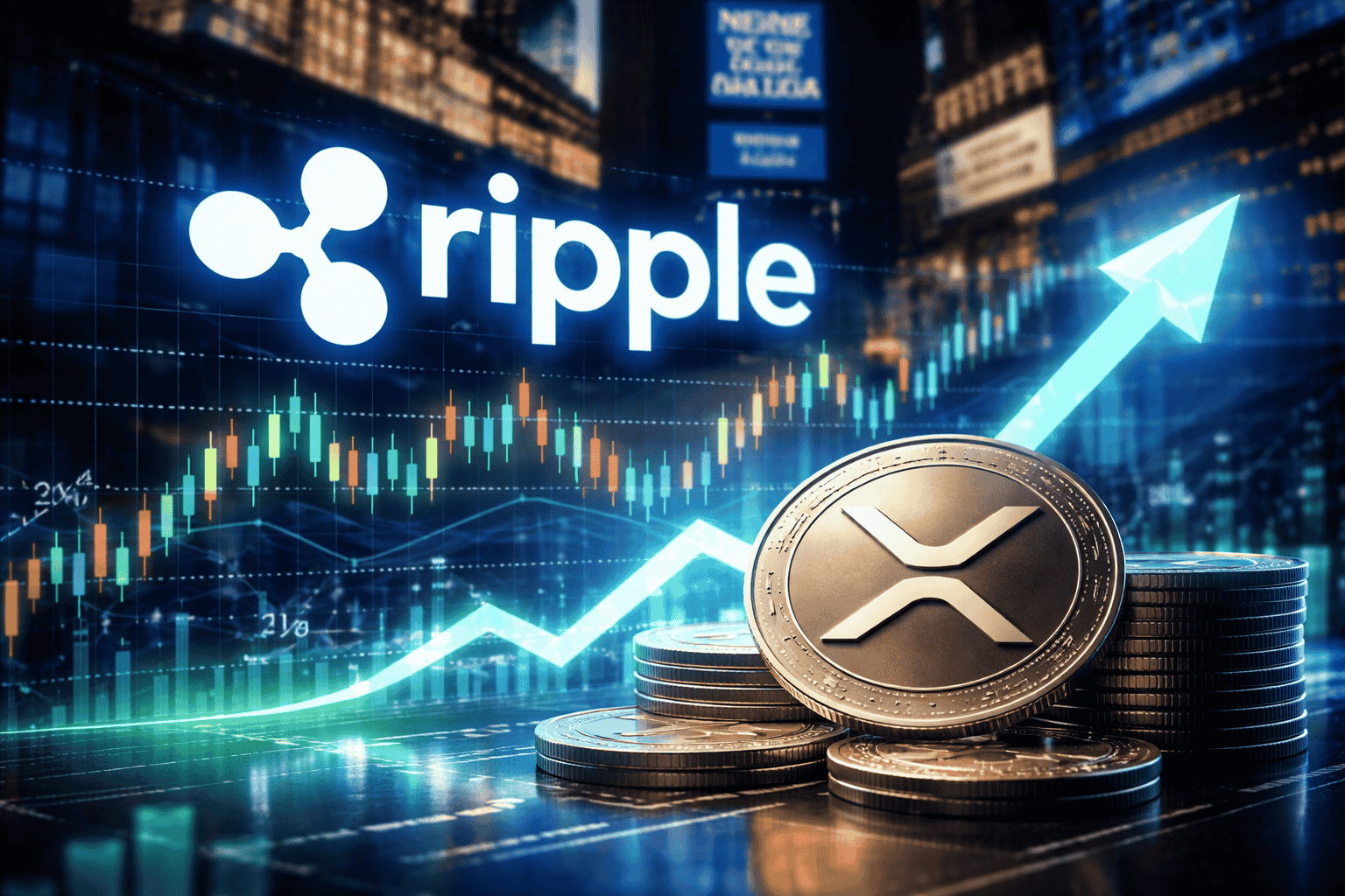 XRP coins with an upward price chart symbolizing Ripple growth.