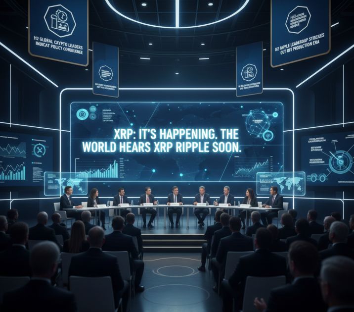 A futuristic conference room where Ripple executives sit at a sleek, glowing desk before an audience. Large holographic displays show financial charts, the Ripple logo, and text about global crypto leadership and the XRP production era.