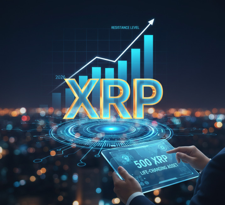 A high-tech digital chart showing the 500 XRP focus keyword with a rising price graph over a futuristic city for 2026 price predictions.