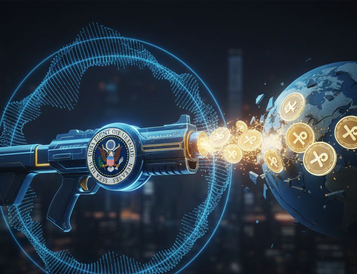 US Government Weaponizing Ripple RLUSD & XRP in 3 Powerful Ways A conceptual digital illustration depicting the US government's influence over digital currency, featuring a high-tech device with the US Seal firing glowing Ripple (XRP) and RLUSD tokens toward a digital globe.