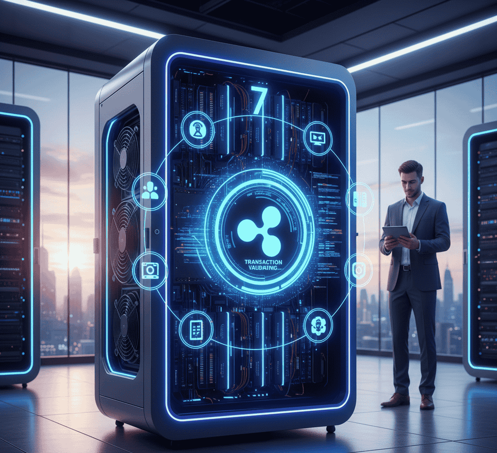 A high-tech server cabinet in a skyscraper office with a glowing blue XRP logo and "Transaction Validating" holographic interface.
