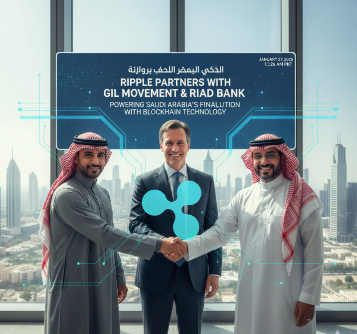Three smiling businessmen SRipple Saudi Bank Partnership—two in traditional Saudi thobes and one in a dark suit—shake hands in a high-rise office. A digital screen behind them announces the Ripple, Gil Movement, and Riyad Bank partnership against a Riyadh city backdrop with glowing blockchain circuit overlays.