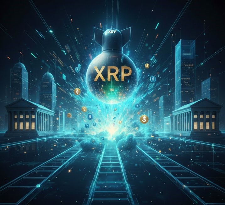 A digital visualization of the NYSE building merging with blue blockchain data lines and an XRP logo.