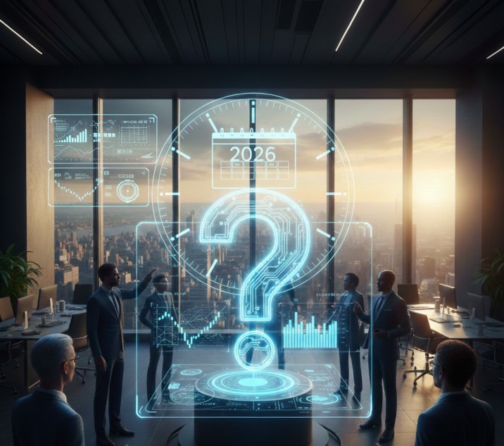 Analysts in a high-tech office discuss a digital question mark and 2026 calendar over the XRP logo representing price predictions.