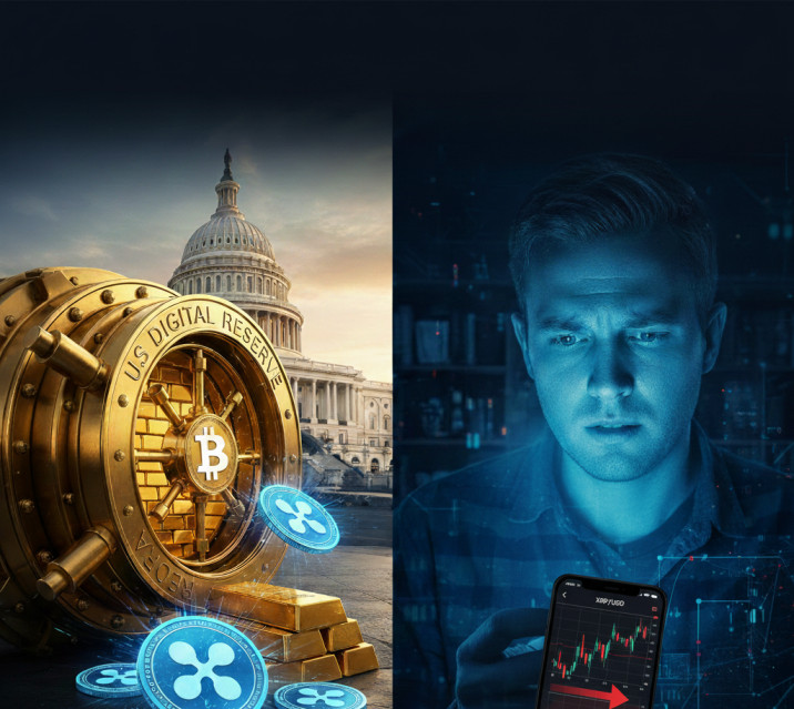 A split-screen digital art piece showing a golden US Digital Reserve vault and a retail investor analyzing a volatile XRP price chart.